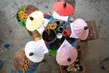 Paint tray and elements for making umbrellas and painting umbrellas Bo Sang Village, Chiang Mai,...