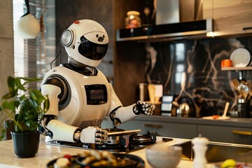  Waitress robot assistant with pizza in cafe