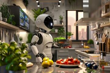  Waitress robot assistant with pizza in cafe