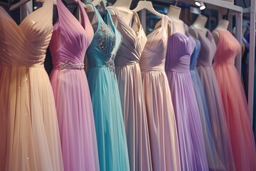 Elegant long formal dresses for sale in luxury modern shop boutique. Prom gown, wedding, evening, bridesmaid dresses dress details. Dress rental for various occasions and events