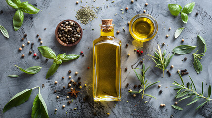 Composition with olive oil and spices on grey background