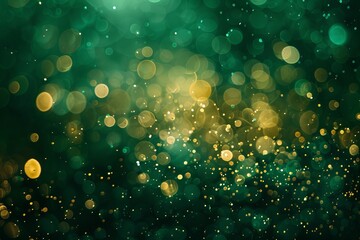Abstract blurred bokeh banner background. Gold bokeh on a defocused emerald green backdrop.