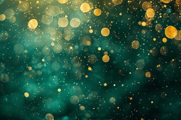 Abstract blurred bokeh banner background. Gold bokeh on a defocused emerald green backdrop.