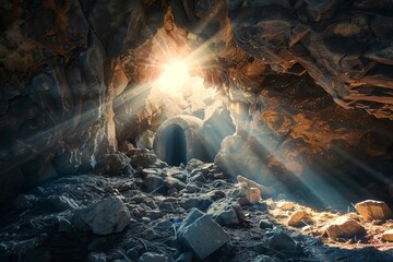 An empty tomb in a rocky cave with light rays streaming from within, symbolizing the resurrection of Jesus Christ on Easter. Central to Christianity, faith, and religion