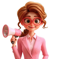 3d Illustration of business woman holding megaphone. Wearing professional business suit and eyeglasses. Isolated on transparent background