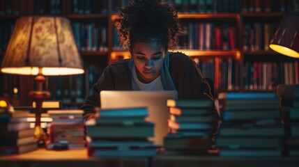 A college student in a library, studying late at night with stacks of books around them and a laptop open, the soft glow of a desk lamp illuminating their focused expression. 