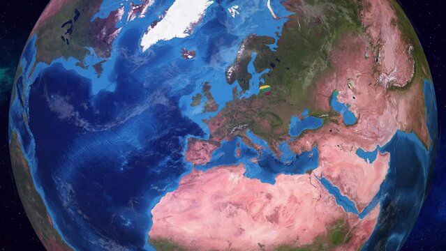 Realistic 3D Animation of Earth zooming in to  Lithuania with its border highlighted with its National Flag in 4K