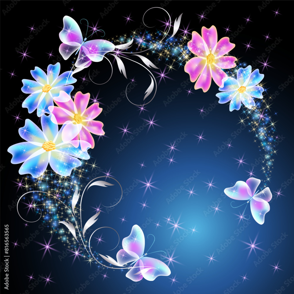 Wall mural Fairytale floral round frame and magic butterflies in amazing night sky with sparkle stars and flowers. Fantasy mysterious background.