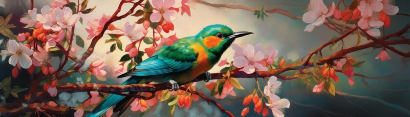 Fototapeta premium A beautiful bird is sitting on a branch of a blossoming tree