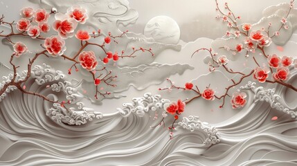 3D wallpaper with a white wave and sakura flowers, sun wall art.