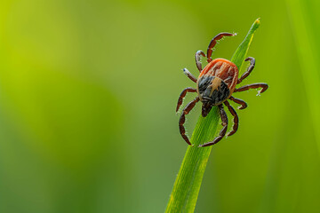 A close-up of an adult female deer tick perched on a blade of grass. Ai generated