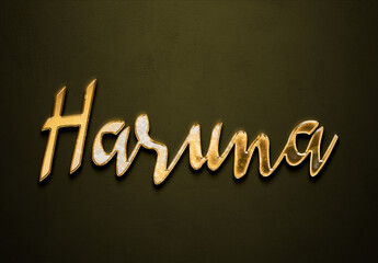 Old gold text effect of Japanese name Haruna with 3D glossy style Mockup.