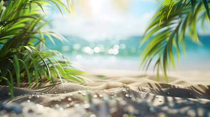 Tropical beach background with sand and palm leaves, blurred sea in the distance. Summer vacation concept