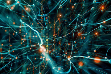 A network of interconnected nodes resembling a neural network, overlaid with binary code and encryption algorithms, stock photography. Ai generated