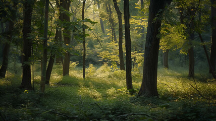 A serene forest scene with patches of sunlight filtering through the trees, while a deer tick lurks in the undergrowth, nature photography. Ai generated