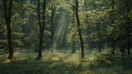 Fototapeta premium A serene forest scene with patches of sunlight filtering through the trees, while a deer tick lurks in the undergrowth, nature photography. Ai generated