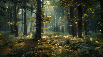 Obraz premium A serene forest scene with patches of sunlight filtering through the trees, while a deer tick lurks in the undergrowth, nature photography. Ai generated