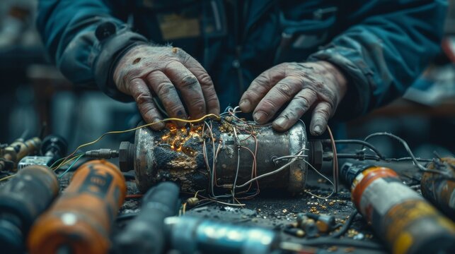 Bomb disposal technician carefully defusing explosive device with wires and tools