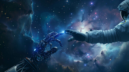 Against a backdrop of stars, a lone astronaut extends their hand to touch the metallic finger of a sentient robot, signifying the bond forged between humanity. Ai generated