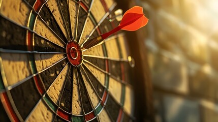 bullseye target or dart board has red dart arrow throw hitting the center of a shooting for business targeting and winning goals business concepts.