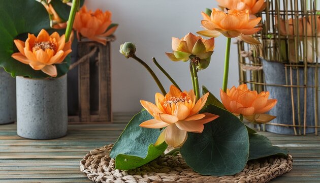 Elegancia Sobria: Ikebana de Loto Naranja en Arreglo Floral