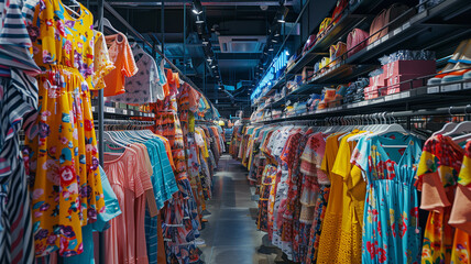 Authentic snapshot, stock photography capturing the vibrant atmosphere inside an H&M store in Hong Kong, with racks filled to the brim with colorful summer dresses. Ai generated