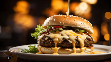 A juicy sizzling hamburger with melted cheese dripping off the sides, served on a toasted bun