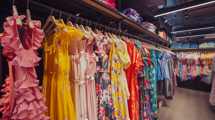 Authentic snapshot, stock photography capturing the vibrant atmosphere inside an H&M store in Hong Kong, with racks filled to the brim with colorful summer dresses. Ai generated
