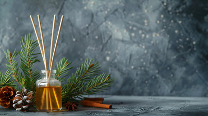 Coniferous reed diffuser with cinnamon on grey background - Powered by Adobe