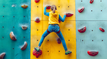 Young girl using handholds to climb up an artificial rock wall indoor