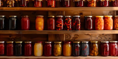 a shelf filled with lots of different types of jars of food and a wooden wall behind it.