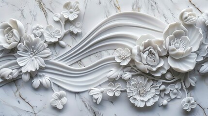 white marble relief with beautiful flowers and wave pattern, wall background.