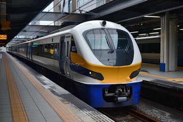 Fototapeta premium a train is pulling into a train station on the platform