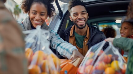 Fun happy shopping with the whole family. A black man and woman are packing bags of food into the trunk of a car. Stocks of fruits and vegetables according to the meal plan