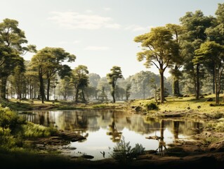 a beautiful landscape with a river flowing through a forest