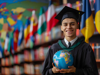 A graduate holding a globe, symbolizing global opportunities, diverse flags in the background, international celebration of achievement