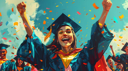 A group of excited graduates in caps and gowns celebrate with confetti, raising their hands in joy and triumph.