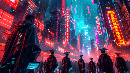 Obraz premium A cyberpunk graduation ceremony, neon lights, futuristic cityscape, graduates in high-tech robes with digital diplomas