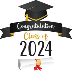 Illustration Image of a graduation cap and a diploma with a banner that says congratulations class the year