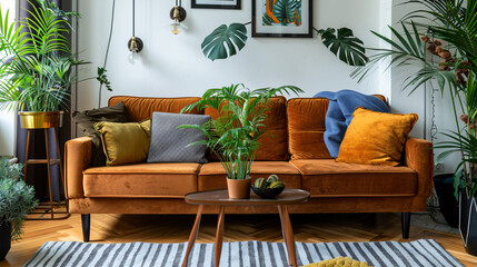 Cozy brown sofa with cushions and houseplant on coffee