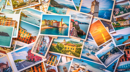 Pile of colourful holiday postacards and photos from beautiful touristic places in Europe, vintage travel concept, summer vacation background