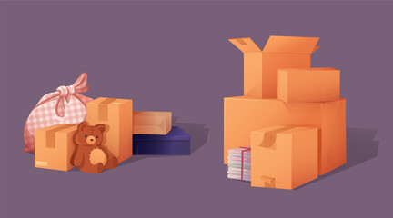 Packed cardboard boxes set isolated on black background. Vector cartoon illustration of carton packages with home stuff, teddy bear toy, things in checkered blanket, stack of books, delivery service