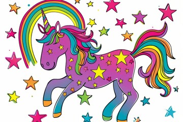 Cartoon cute doodles of a vibrant rainbow unicorn surrounded by neon stars, Generative AI