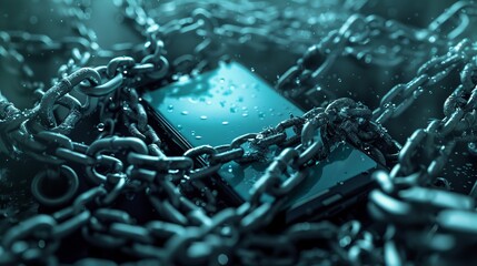 An interpretive digital art piece showing a smartphone entwined with chains, symbolizing legislative constraints