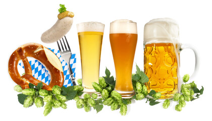 Oktoberfest food with beer, pretzels and sausage - Panorama beer mug with hops