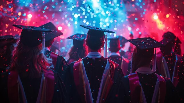 Group of graduates in traditional robes with digital accents, celebrating with holographic confetti and neon lights, Mixed Media, Neon