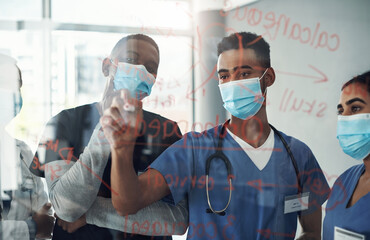 Teamwork, doctors or nurse writing notes in meeting for planning, communication and collaboration...