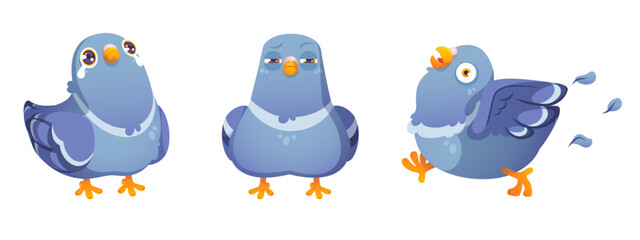 Cute pigeon cartoon character in different poses and with face emotions. Blue comic bird with beak and wings standing with tears, suspicious and frightened walking. Vector set of urban dove mascot.
