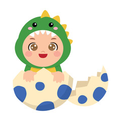 Cute boy in Dinosaurs costume and egg shell