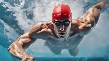 Swimmer in an outdoor pool, swimming in a crawl style, pulling his head out of the water to breathe, and with a raised arm, side view and top. generative.ai